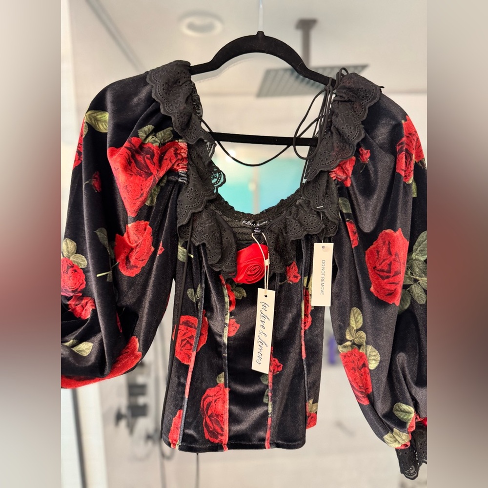 For Love And Lemons Black and Red Floral Top